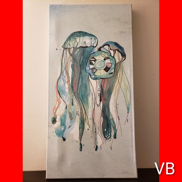 Coastal Hand Painted Jellyfish Canvas Wallart.
